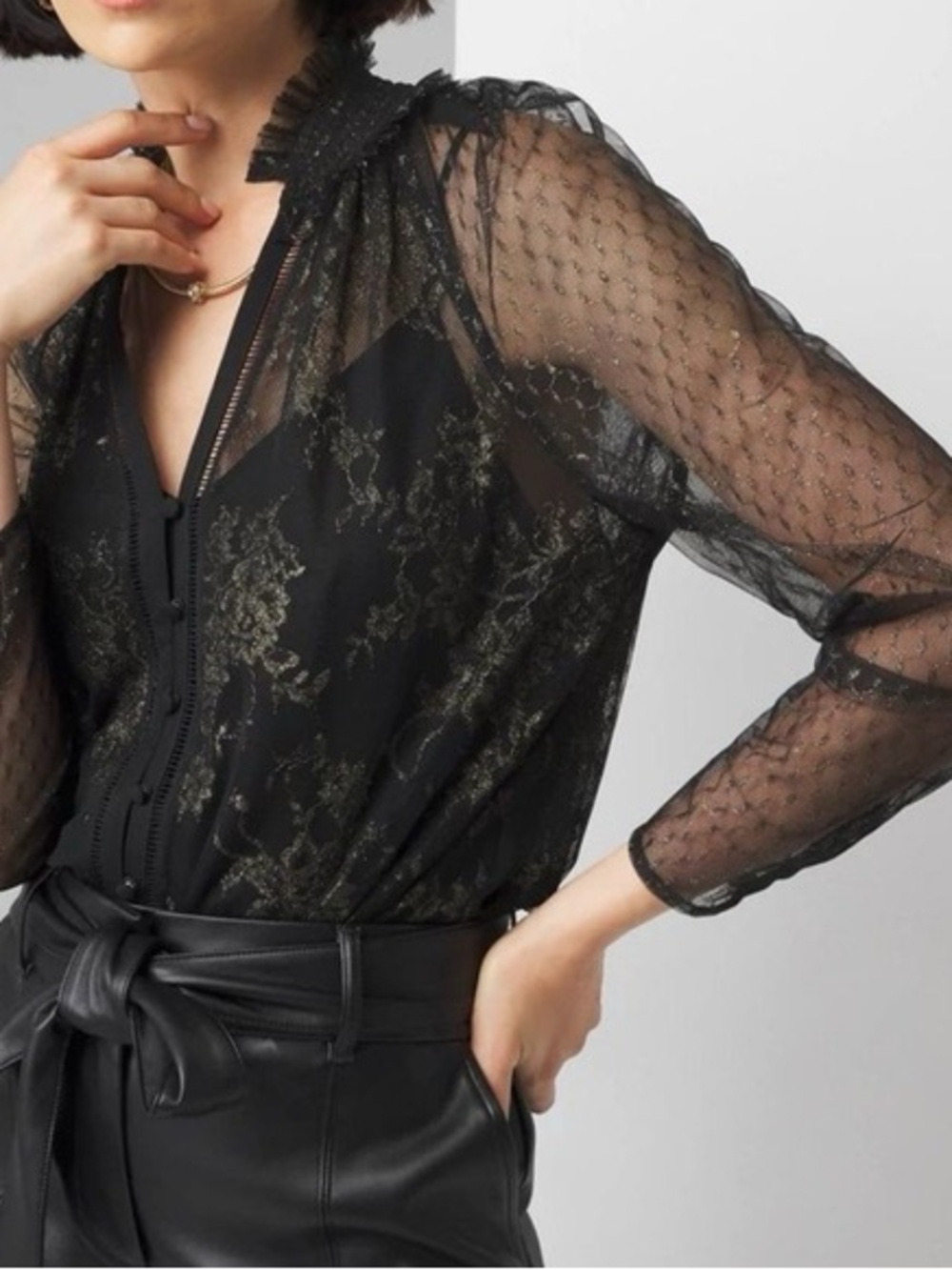 White House Black Market Black WHBM Sheer Lace Blouse Gold Metallic Accents 12